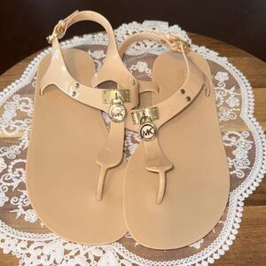 Michael Kors Nude Beige Jelly Thong Sandals with Gold MK Hardware